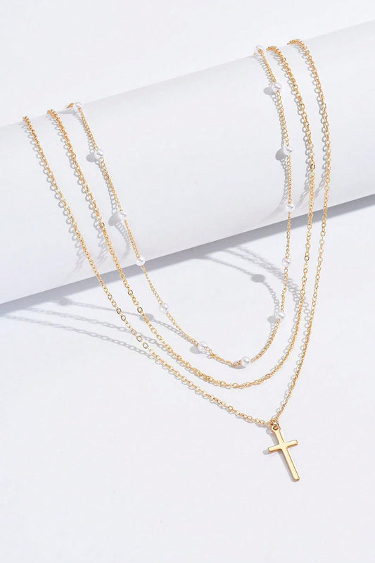 Gold Retro Multi-Layer Pearl and Cross Pendant Necklace Set
