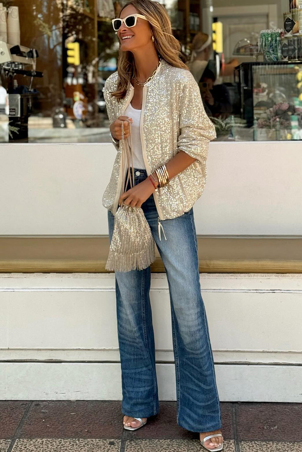 Apricot Sequin Zipper Jacket