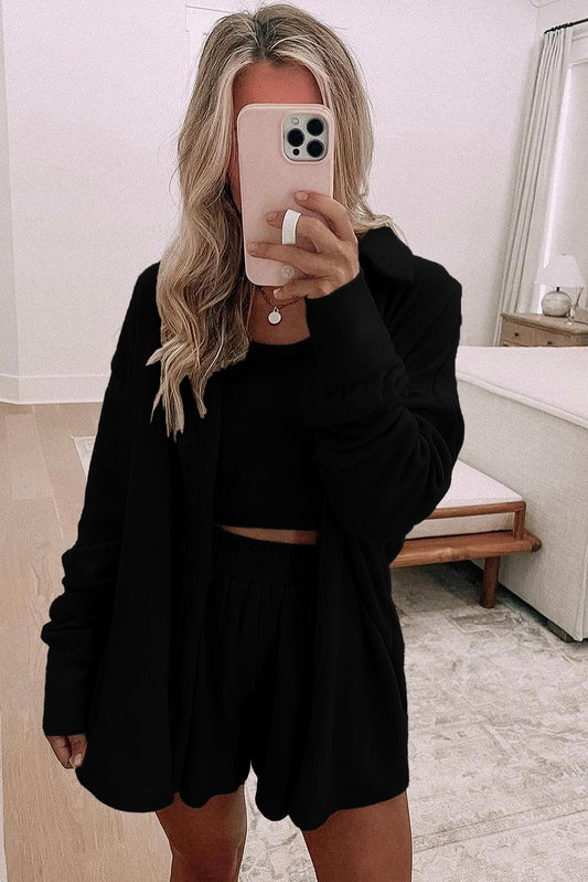 Crop Tank Top Shorts with Cardigan 3pc Lounge Set