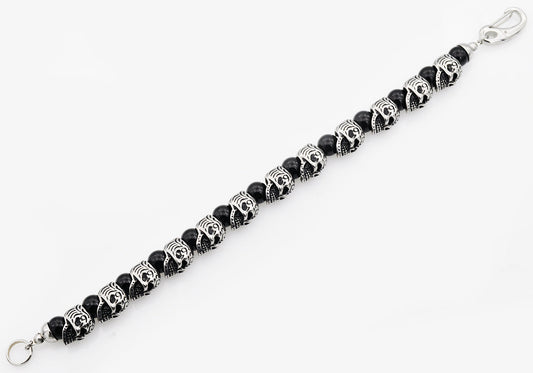 Mens Genuine Onyx Stainless Steel Skull Beaded Bracelet