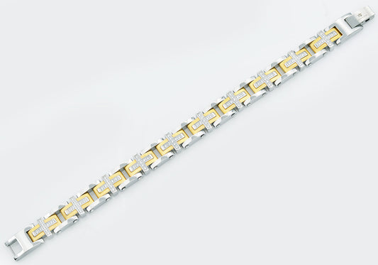 Mens Gold Stainless Steel Cross Bracelet With Cubic Zirconia