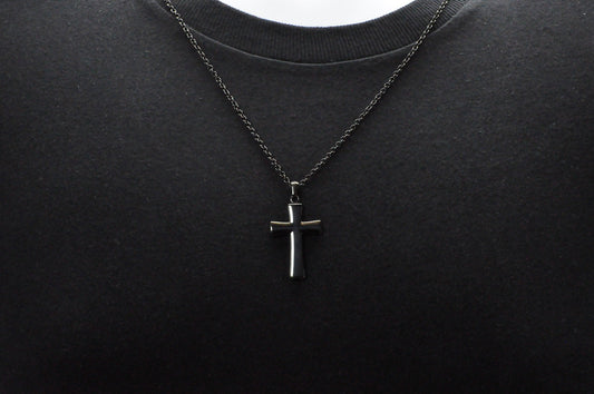 Mens Black Stainless Steel Cross Pendant Necklace