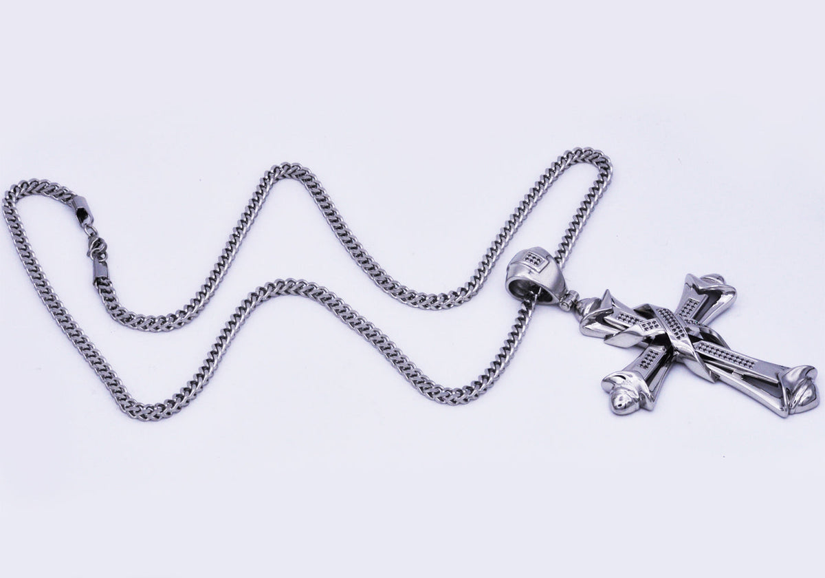 Mens Stainless Steel Cross Pendant With Black Cubic Zirconia