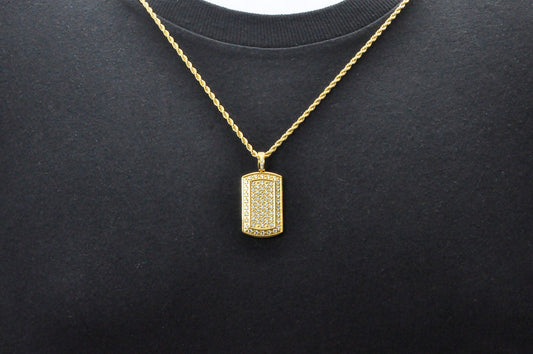 Mens Gold Stainless Steel Dog Tag Pendant With Cubic Zirconia
