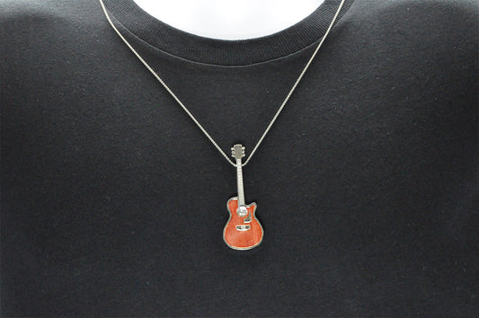 Men's Wood Inlaid Stainless Steel Guitar Pendant With 24" Chain