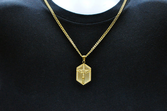 Mens Gold Stainless Steel Cross Pendant With Cubic Zirconia