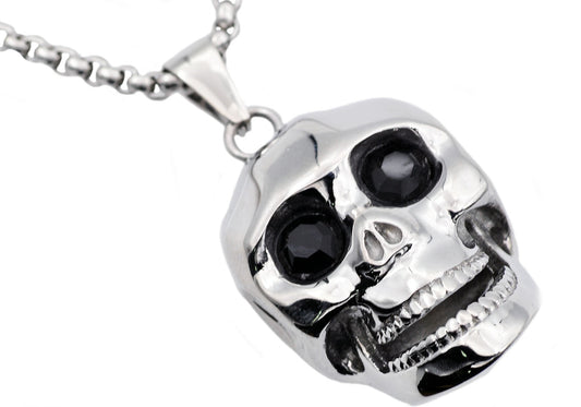Mens Stainless Steel Skull Pendant With Black Cubic Zirconia