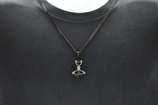 Mens Black Stainless Steel Anchor Pendant Necklace With Steel Rope