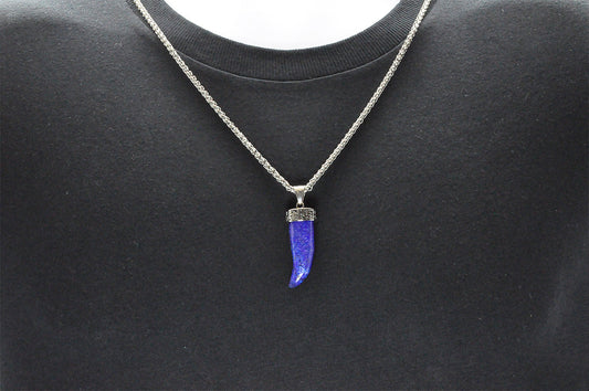 Mens Genuine Lapis Lazuli Stainless Steel Horn Pendant