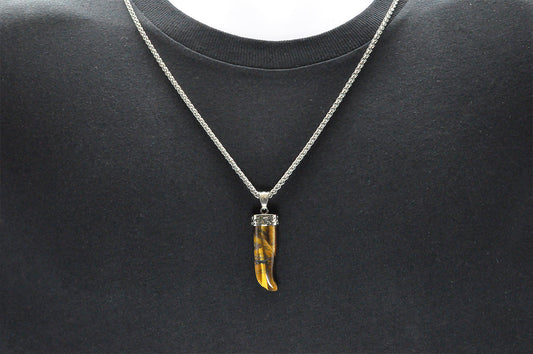 Mens Genuine Tiger Eye Stainless Steel Horn Pendant