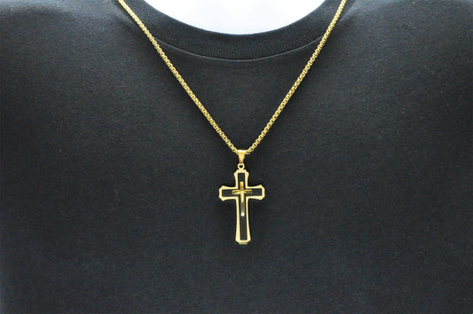 Mens Black And Gold Plated Stainless Steel Cross Pendant Necklace