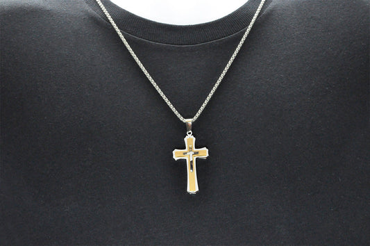 Mens Gold Plated Stainless Steel Cross Pendant Necklace