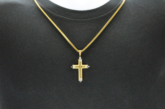Mens Gold Stainless Steel Cross Pendant Necklace With Franco Link Chain Inlay