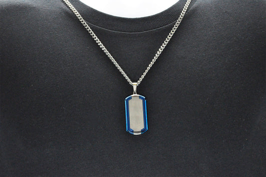 Mens Blue And Silver Stainless Steel Dog Tag ID Pendant With 24" Curb Chain