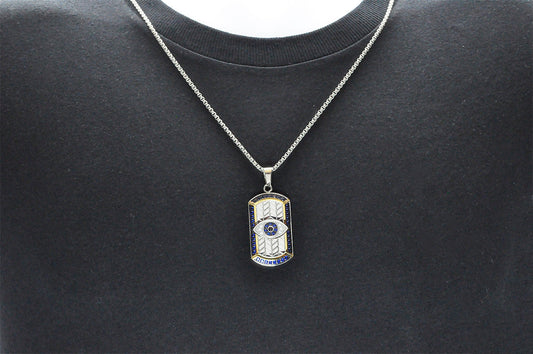 Mens Tri Tone Black And Gold Stainless Steel Evil Eye Dog Tag Pendant With Blue Cubic Zirconia