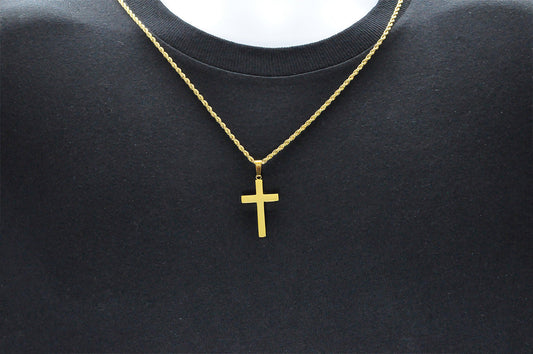 Mens Gold Stainless Steel Cross Pendant With 24" Rope Chain
