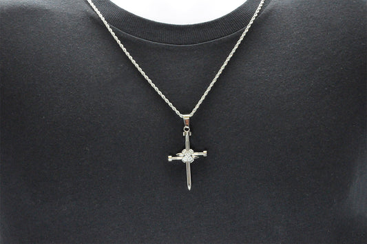 Mens Stainless Steel Nail Cross Pendant With Cubic Zirconia and 24" Rope Chain