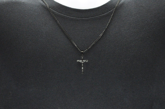 Mens Black Stainless Steel Crucifix Cross Pendant With 24" Curb Chain