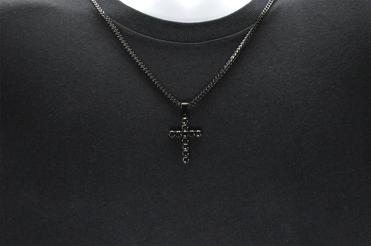 Mens Black Stainless Steel Cross Pendant With Black Cubic Zirconia Embedded
