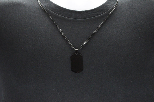 Mens Black Plated Stainless Steel Engravable Dog Tag Pendant Necklace With 24" Black Curb Chain