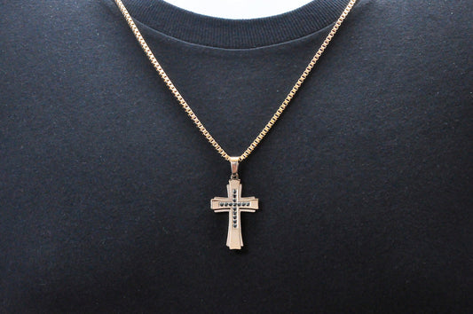 Mens Rose Stainless Steel Cross Pendant With Black Cubic Zirconia