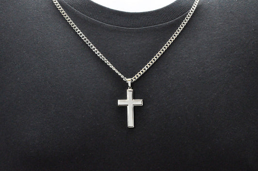 Mens Polished Stainless Steel Cross Pendant Necklace