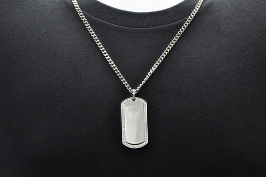Mens Stainless Steel Dog Tag Pendant With Cubic Zirconia