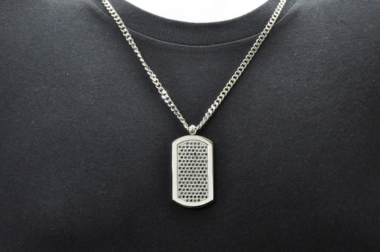 Mens Stainless Steel Dog Tag Pendant With Black Cubic Zirconia