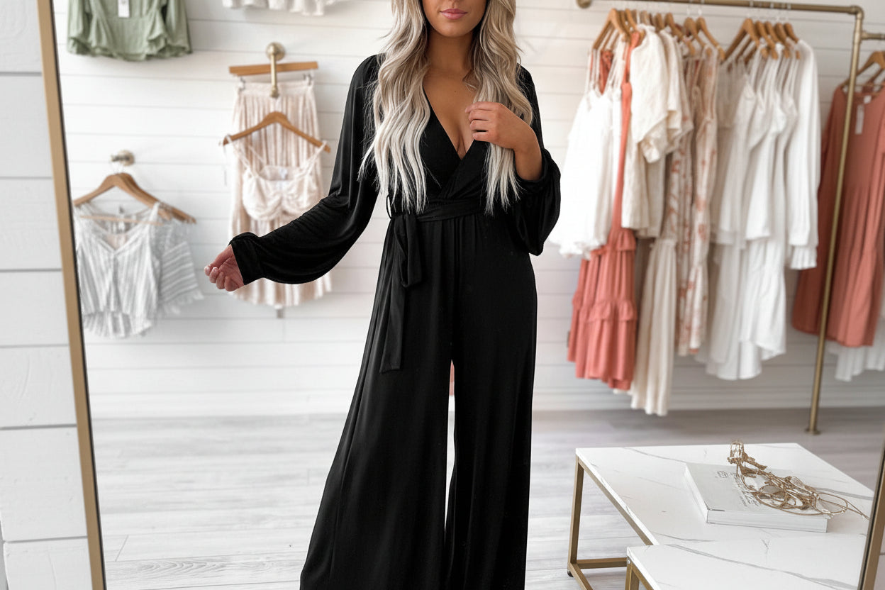 The Tejas - Jumpsuit features a sophisticated and stylish design with a deep V-cut back, perfectly accentuated with a belted waist and wide leg silhouette, making it a bold and alluring choice.