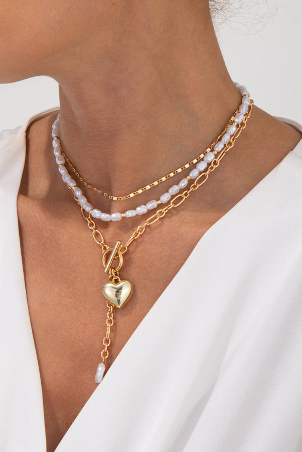 Heart Pendant Pearl Necklace Set