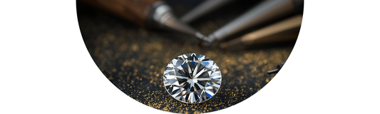 A high-end macro photograph of a brilliant-cut Diamond showcasing its diameter on a dark, moody jeweler's workbench with gold dust and hand tools for a Custom Jewelry Design — Demali&RiverCo.