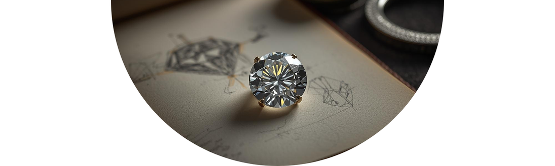 Macro shot of a diamond engagement ring next to technical sketches — Demali&RiverCo Limitless Blog.