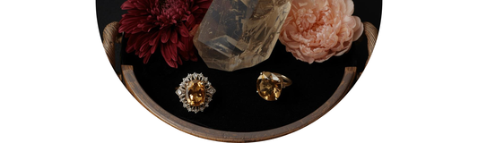 Antique display of November birthstones (Topaz and Citrine) with chrysanthemum and peony wedding flowers — Demali&RiverCo.