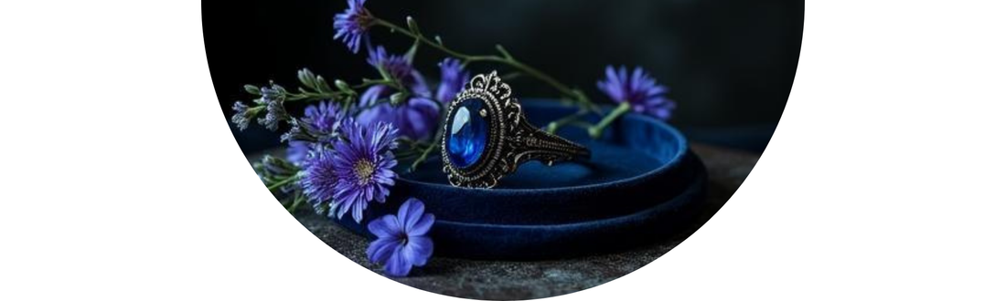 Gothic-inspired deep-blue sapphire ring on a velvet tray with purple asters and morning glory wedding flowers — Demali&RiverCo.