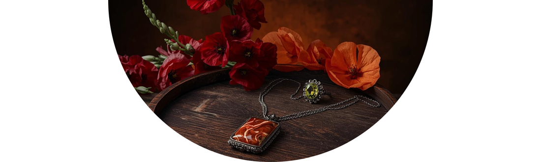 Antique Peridot and Sardonyx jewelry displayed with Gladiolus and Poppy wedding flowers — Demali&RiverCo.