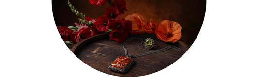 Antique Peridot and Sardonyx jewelry displayed with Gladiolus and Poppy wedding flowers — Demali&RiverCo.