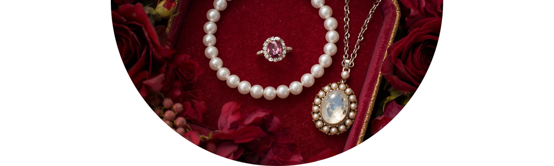 Antique Pearl, Alexandrite, and Moonstone jewelry displayed with rose and honeysuckle wedding flowers — Demali&RiverCo.