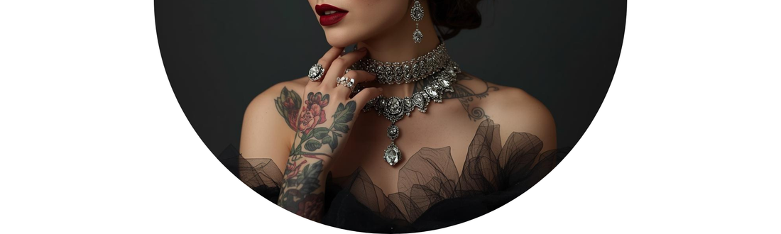 Neck-down shot of high-fashion event wear featuring heirloom diamonds, tulle dresses — Demali&RiverCo.