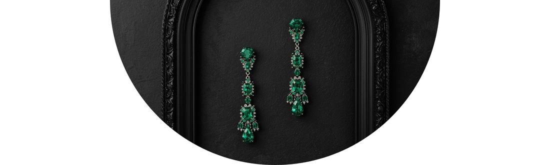 High-fashion Emerald-cut earrings on etched dark stone with gothic floral patterns and antique details — Demali&RiverCo.