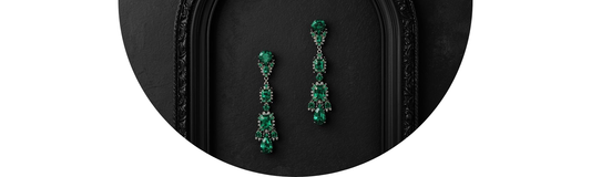 High-fashion Emerald-cut earrings on etched dark stone with gothic floral patterns and antique details — Demali&RiverCo.