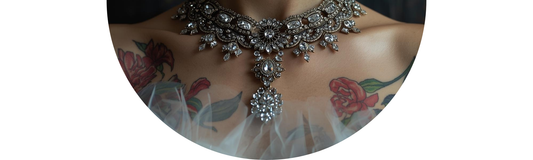 Faceless gothic-inspired diamond necklace on a subject with floral tattoos, styled for a Dallas wedding venue — Demali&RiverCo.
