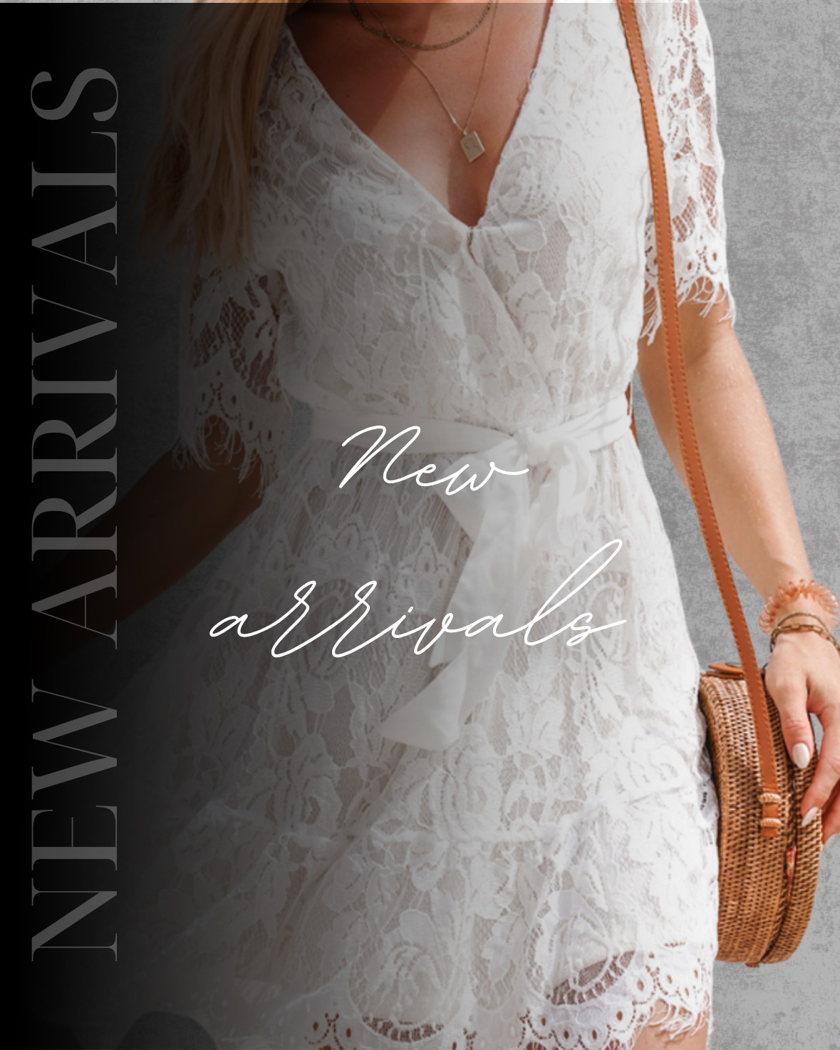 Flat lay of the newest arrival women's clothing items and trendy jewelry pieces.