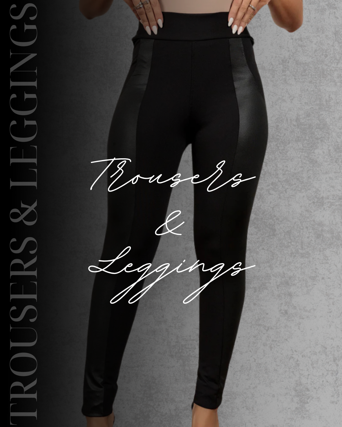 Professional woman wearing charcoal grey trousers and a black top.