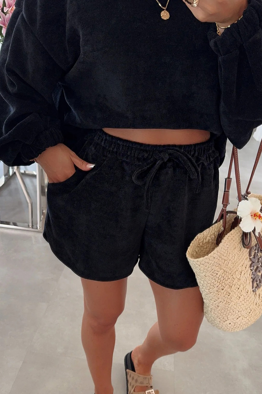 Solid Color Textured Knit Drop Shoulder Pullover Drawstring Shorts Set