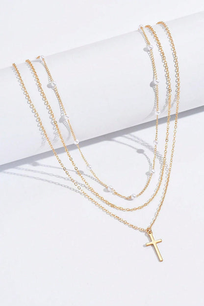 Gold Retro Multi-Layer Pearl and Cross Pendant Necklace Set