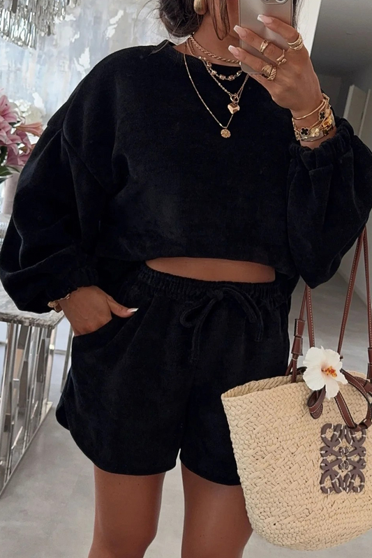 Solid Color Textured Knit Drop Shoulder Pullover Drawstring Shorts Set