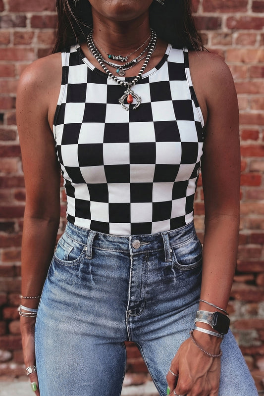 Checkerboard Printed Slim Tank Top