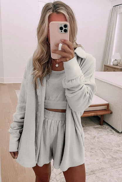 Crop Tank Top Shorts with Cardigan 3pc Lounge Set