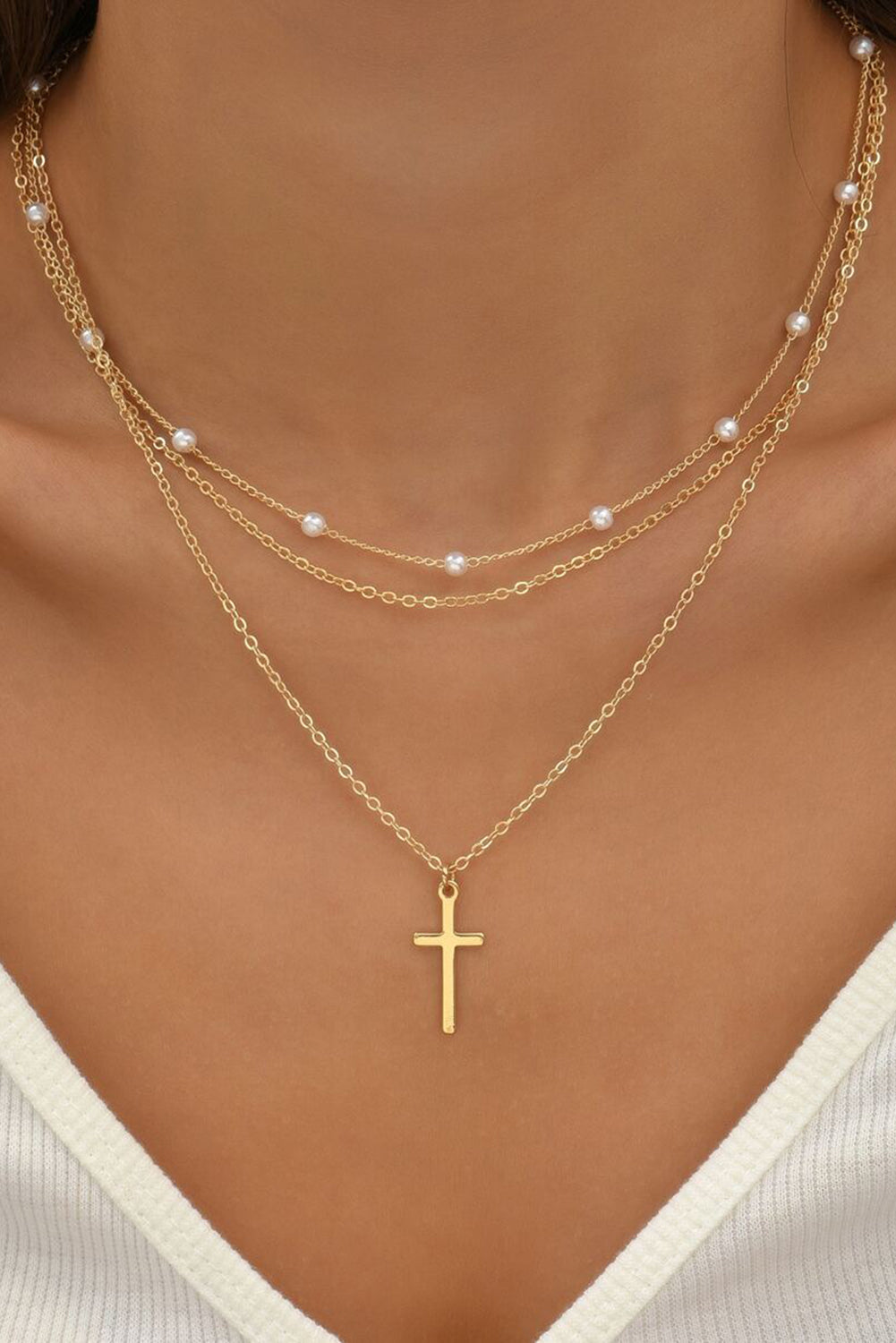 Gold Retro Multi-Layer Pearl and Cross Pendant Necklace Set