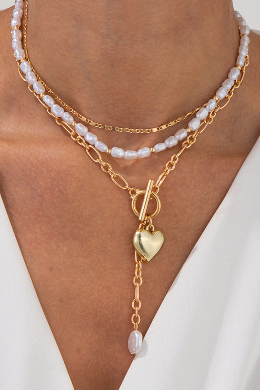 Heart Pendant Pearl Necklace Set